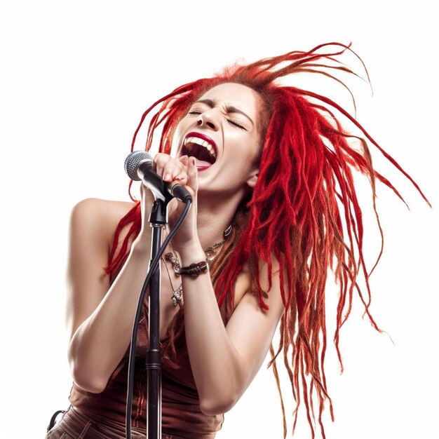 Foto expresiva cantante de rock con grandes dreadlocks rojos aislados sobre blanco