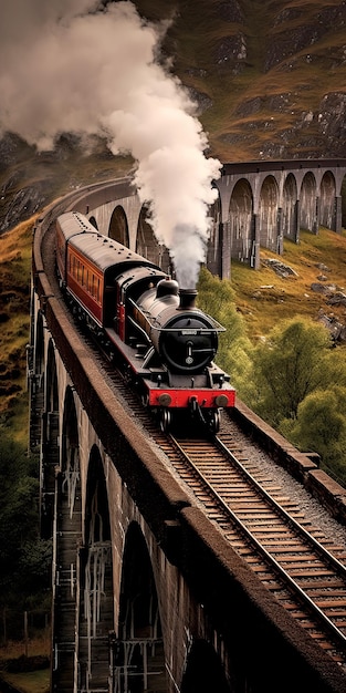 Foto el expreso de hogwarts en el viaducto de glenfinnan un viaje en tren de vapor mágico