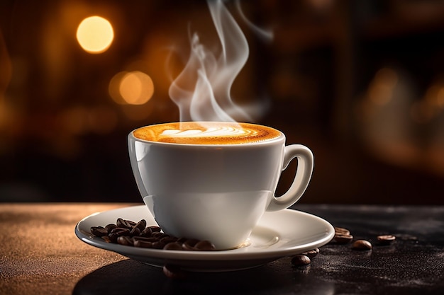 El expreso se vierte en una taza con una pila de tazas de café de colores en el fondo