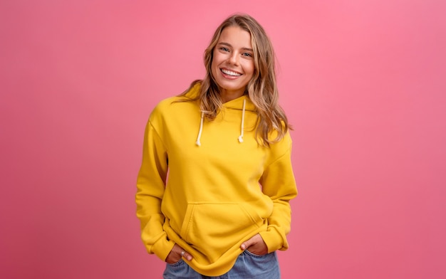 Expressão de rosto fofo de mulher jovem e bonita loira posando com um capuz amarelo na rosa