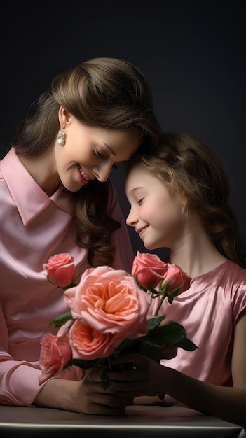 Expressão emocional feliz de uma mãe e uma filha com presente e flores retrato