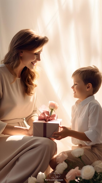 Expressão emocional feliz de uma mãe e uma filha com presente e flores retrato
