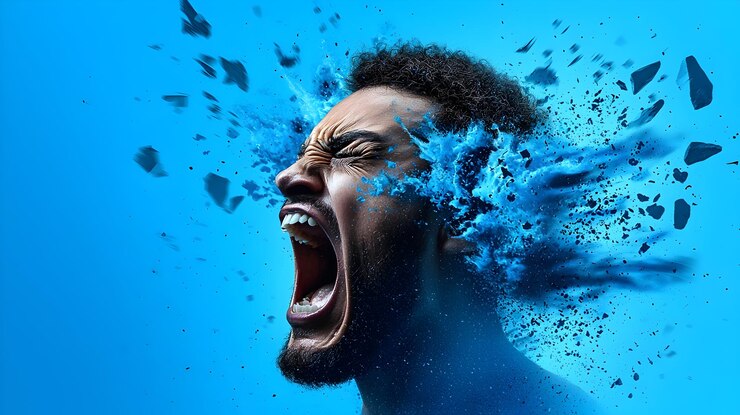 Expressão facial intensa de raiva em fundo de lona azul