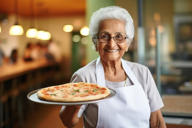 expressão feliz de mulher sênior e conceito de pizza gerado por ai