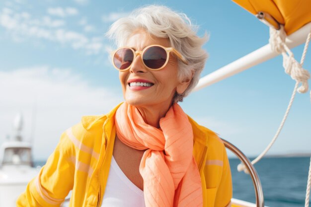 expressão feliz de mulher sênior navegando em um barco gerado por IA