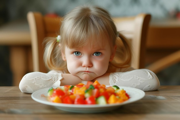 Foto expressão infeliz quando a menina rejeita o prato de vegetais