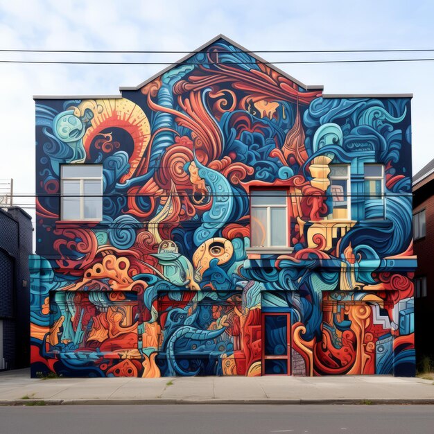 Expressão urbana vibrante Uma longa e alta parede transformada pela hipnotizante arte do graffiti