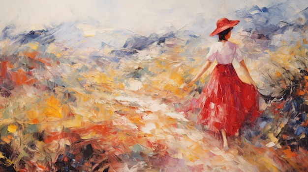 Foto expressionismo abstrato pintura menina camponesa caminhando em um campo colorido