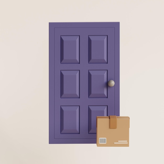 Expresslieferung E-Commerce Online-Einkauf Konzept Paketbox auf dem Boden in der Nähe der Haustür Hauslieferung Konzept Online-Order-Tracking Lieferung zu Hause und im Büro 3D-Render-Illustration