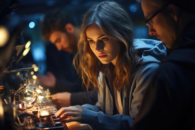 Foto expressões de perplexidade e choque em um laboratório enquanto os cientistas fazem uma ia generativa surpresa