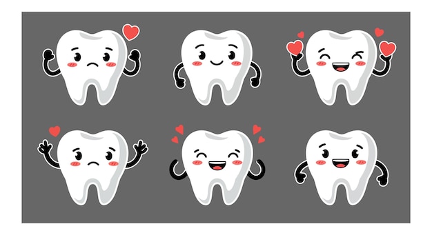 Expressões de personagens de dentes bonitos em arte vetorial de estilo plano mostrando emoções e reações