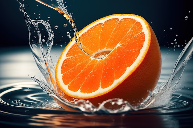 Se exprime una naranja en un chorro de agua.