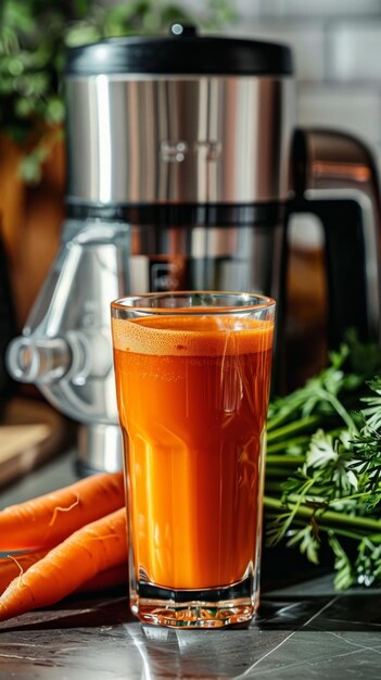 Un exprimidor de acero inoxidable está listo para extraer el rico y vibrante jugo de zanahorias frescas y verduras de hojas verdes mostrando las herramientas e ingredientes para una bebida casera saludable