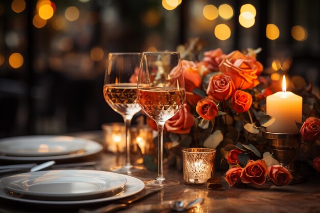 Exquisita configuración de mesa Copas de vino velas