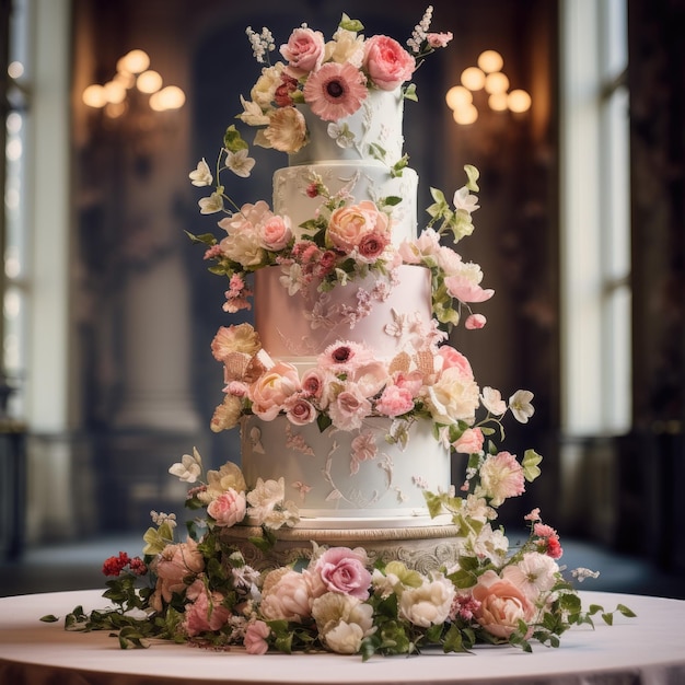 Exquisita elegância revelou um bolo de casamento de luxo hiper-realista com flores de primavera