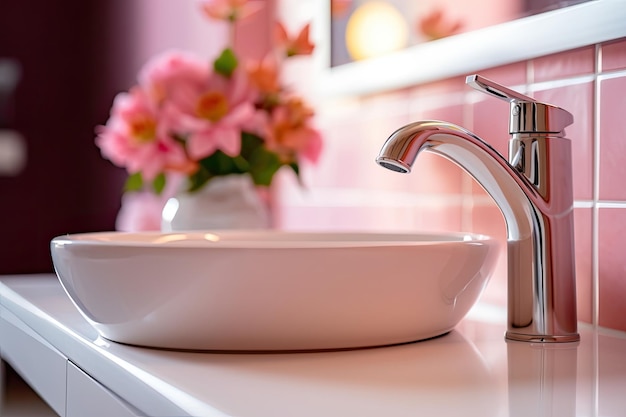 Una exquisita encimera de tocador de baño con pompones y un grifo de lavabo de cerámica blanca en un primer plano realista Un área de exhibición de cosméticos con azulejos de pared de color rosa brillante temprano en la mañana