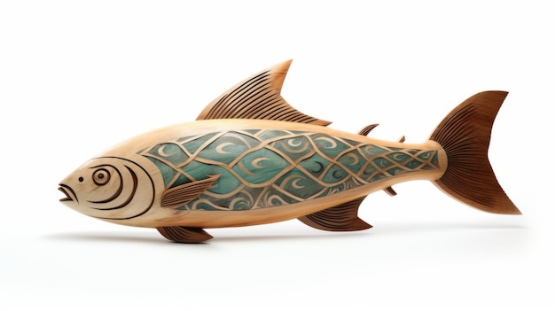 Foto exquisita estatuilla de pez tallada en madera con gráficos inspirados en el tallado en madera
