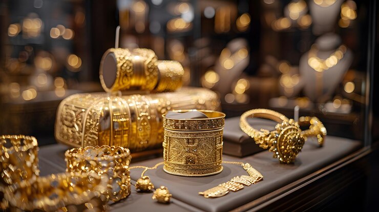 Exquisita exhibición de lujosas joyas de oro en una vitrina