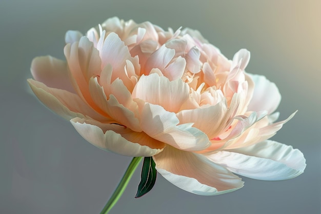 Exquisita flor de peonía rosa pálido en plena floración con fondo de enfoque suave ideal para tarjetas de felicitación