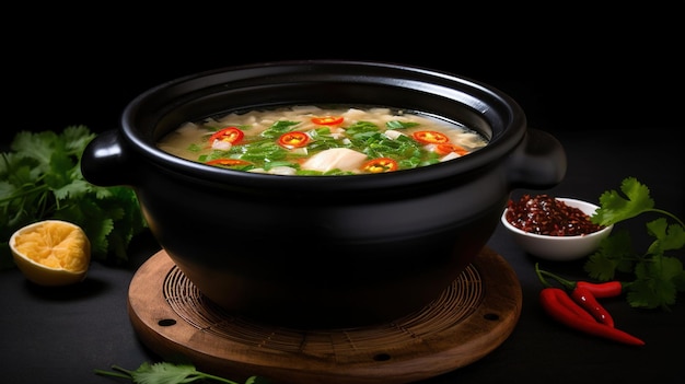 Exquisita foto de un plato de sopa Tom Yum picante y aromática adornada con lima