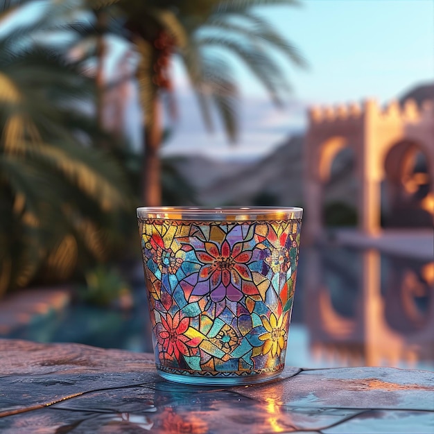 Foto exquisita fusão um copo com azulejos umayyad incrustados feitos de vidro translúcido misturando tradição com elegância moderna