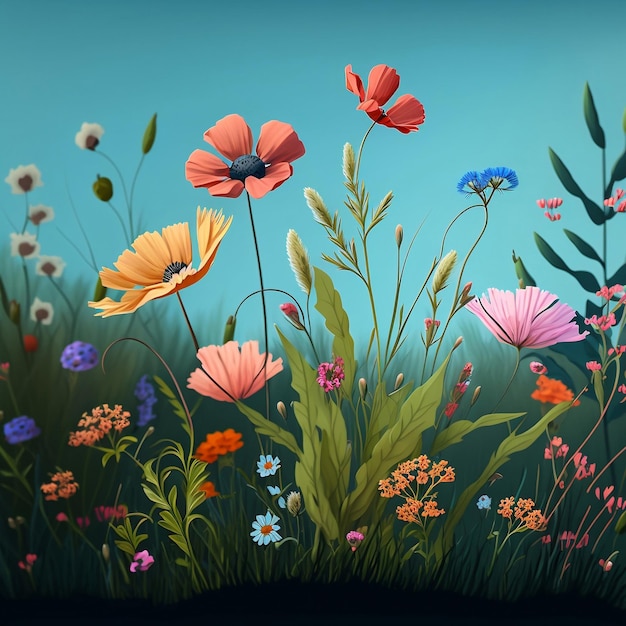Exquisita ilustración que representa un prado de flores vibrantes en plena floración durante la refrescante temporada de primavera Generative Ai