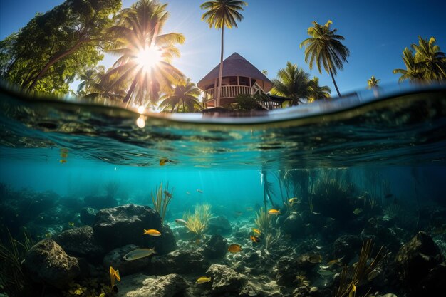 Exquisita isla tropical con vistas divididas con una cabaña serena y majestuosos peces que se deslizan bajo el agua