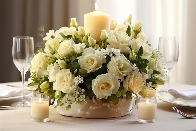Exquisita mesa con flores, velas y una decoración elegante para un ambiente de lujo.