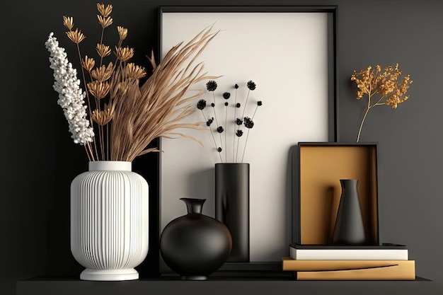 Exquisita y moderna composición del interior de la sala de estar con estante negro simulado marco de póster flores secas en decoración de jarrón y accesorios elegantes Decoración minimalista para el hogar Plantillas