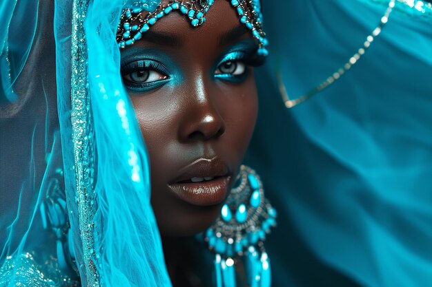 Exquisita mulher afro-americana beleza velada em elegância oriental