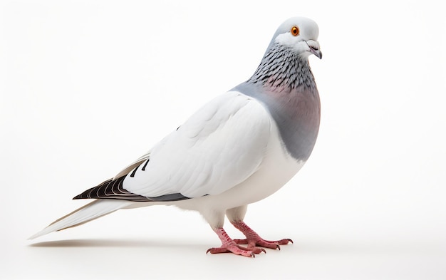 Exquisita paloma blanca sobre fondo blanco.