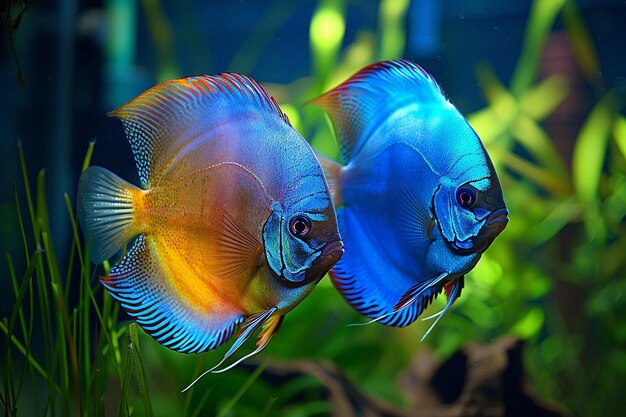 Exquisita pareja de peces Discus en un tanque plantado