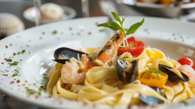 Exquisita pasta de mariscos en un plato blanco prístino adornado con hierbas y elegancia