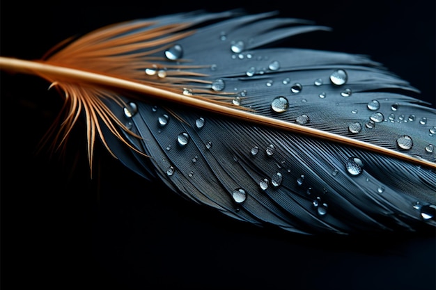 Exquisita pluma con gotas de agua de cerca sobre un fondo negro