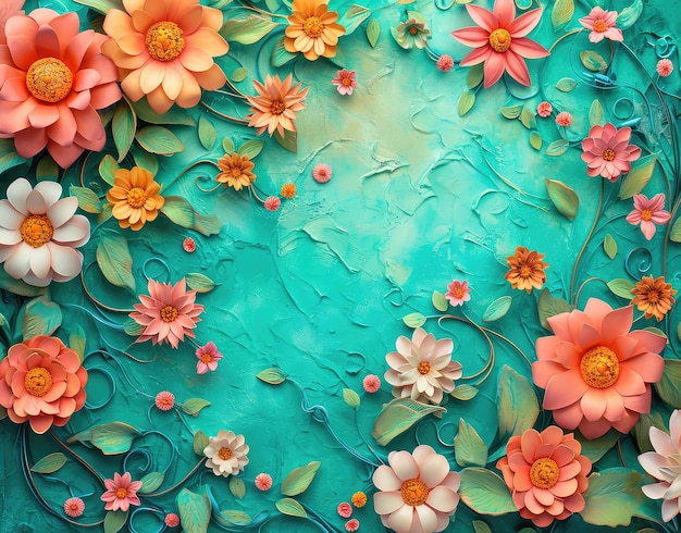 Exquisita tarjeta para el Día de la Madre con flores vibrantes sobre un fondo turquesa con texturas realistas