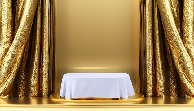 Exquisita vitrina de productos foto gratuita del podio de tela dorada en un fondo de elegancia de lujo