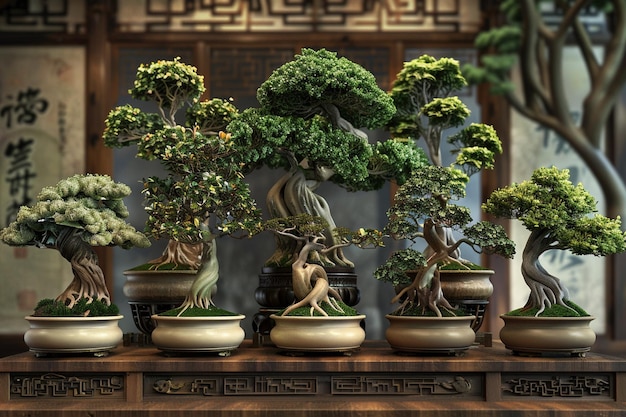 Foto exquisitas árvores de bonsai exibidas em vasos ornamentados