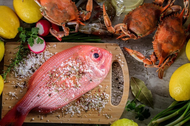 Exquisitas Delicias Pescado fresco de pargo rojo de Nueva Zelanda y cangrejo infundido con especias saladas en 4k