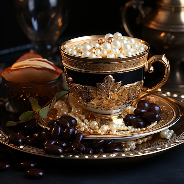Exquisitas tazas de café, piedras preciosas, oro pulido y granos de café de impresionante composición
