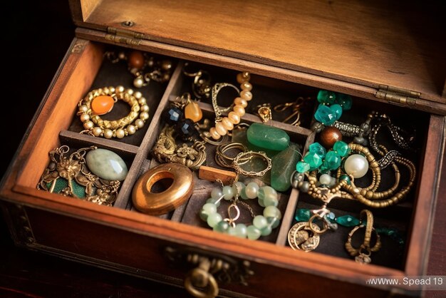 Exquisite Sammlung von Vintage-Schmuck in einer antiken Holzkiste, erstellt mit generativen KI-Tools