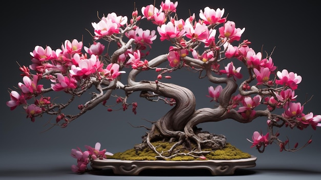 Exquisiter Bonsai-Magnolienbaum, äußerst detailliertes Bild. Ai-generierte Kunst