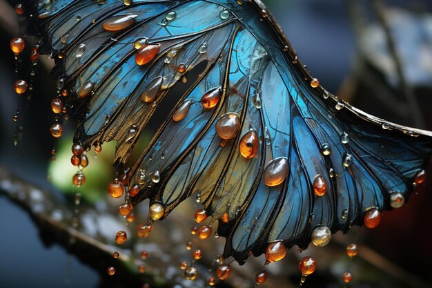 Foto exquisites detail eines mit morgentau besetzten feenflügels