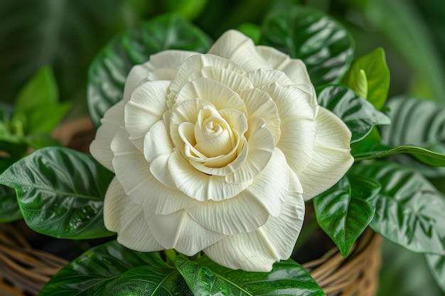 Exquisito adorno de flor de rosa blanca tallada en un exuberante follaje verde con pétalos detallados