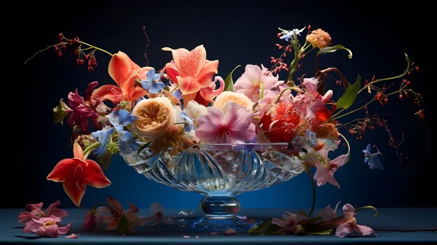 Exquisito arreglo floral en un jarrón de cristal pétalos delicadamente iluminados