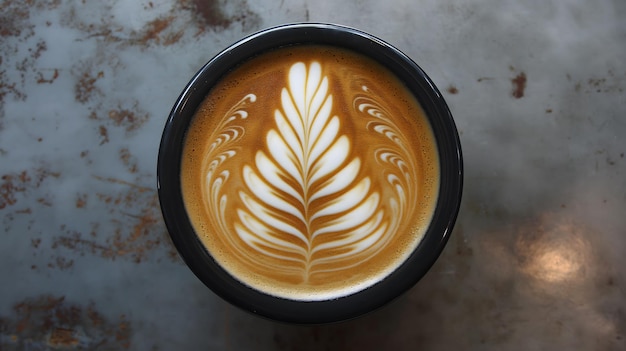 El exquisito arte del latte en una taza de capuchino con un fondo de mármol