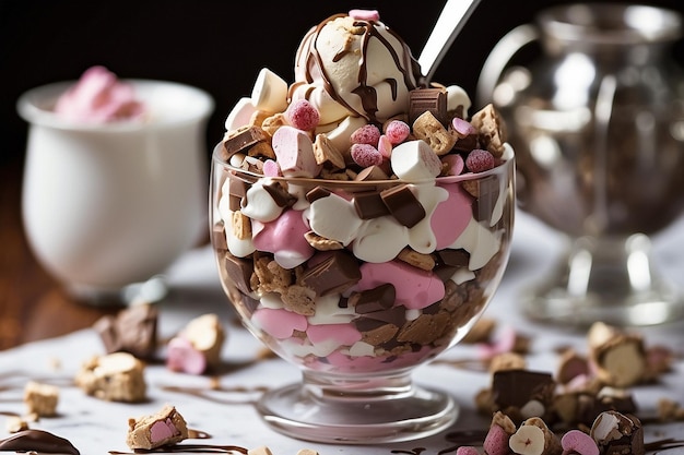 El exquisito helado de Rocky Road, perfecto de cerca.