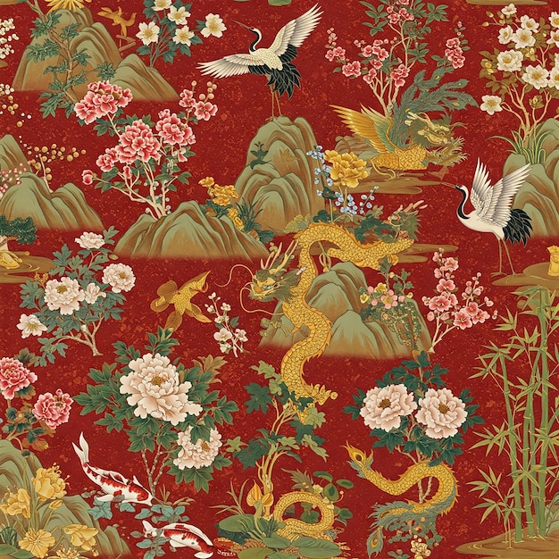 Exquisito paisaje chino con grullas dragones y flores