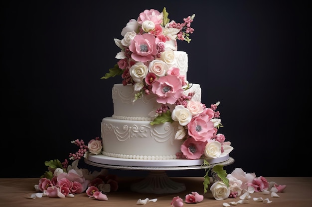 Exquisito pastel de bodas con decoraciones florales