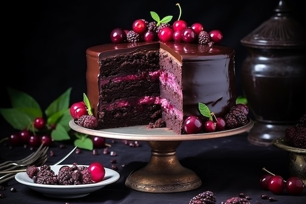 Foto exquisito pastel de cereza de chocolate con relleno de cereza