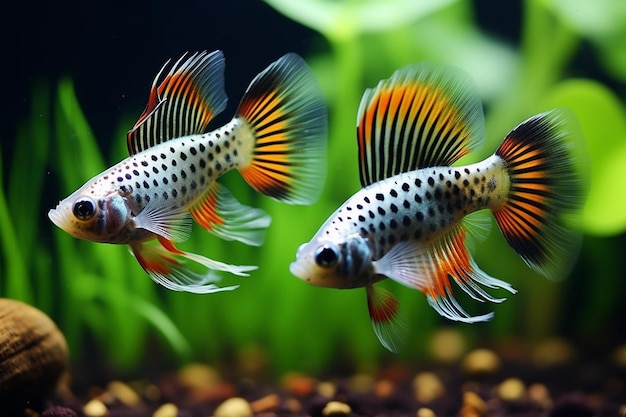 El exquisito pez guppy en un acuario plantado